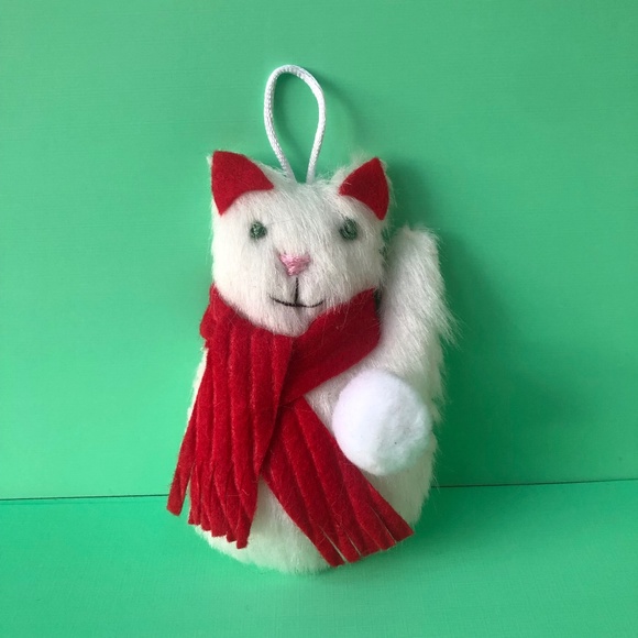 White hand-sewn handmade furry cat ornament with red scarf - Picture 1 of 4